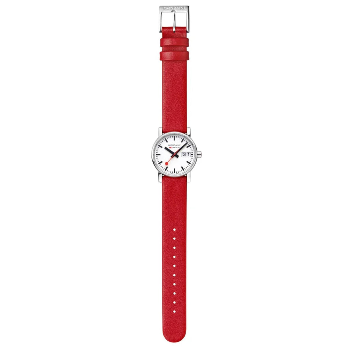 Full vertical view of Mondaine Evo2 MSE.30210.LCV Swiss Railways watch with extended red band