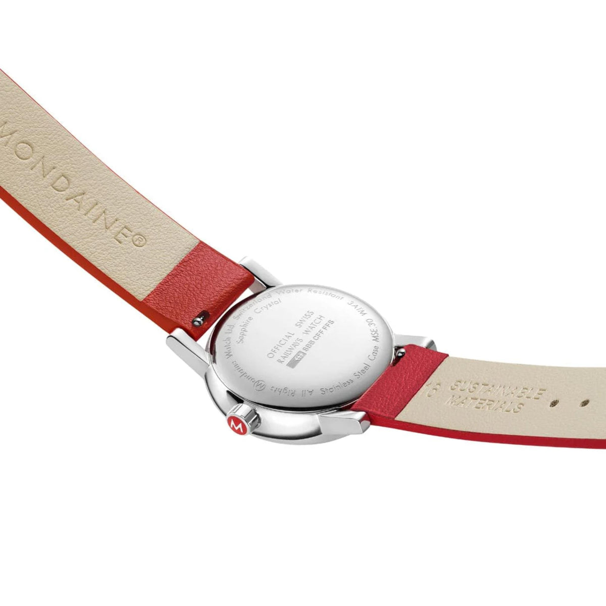 Stainless steel case back view of Mondaine Evo2 MSE.30210.LCV showing official Swiss Railways engraving and quick-release spring