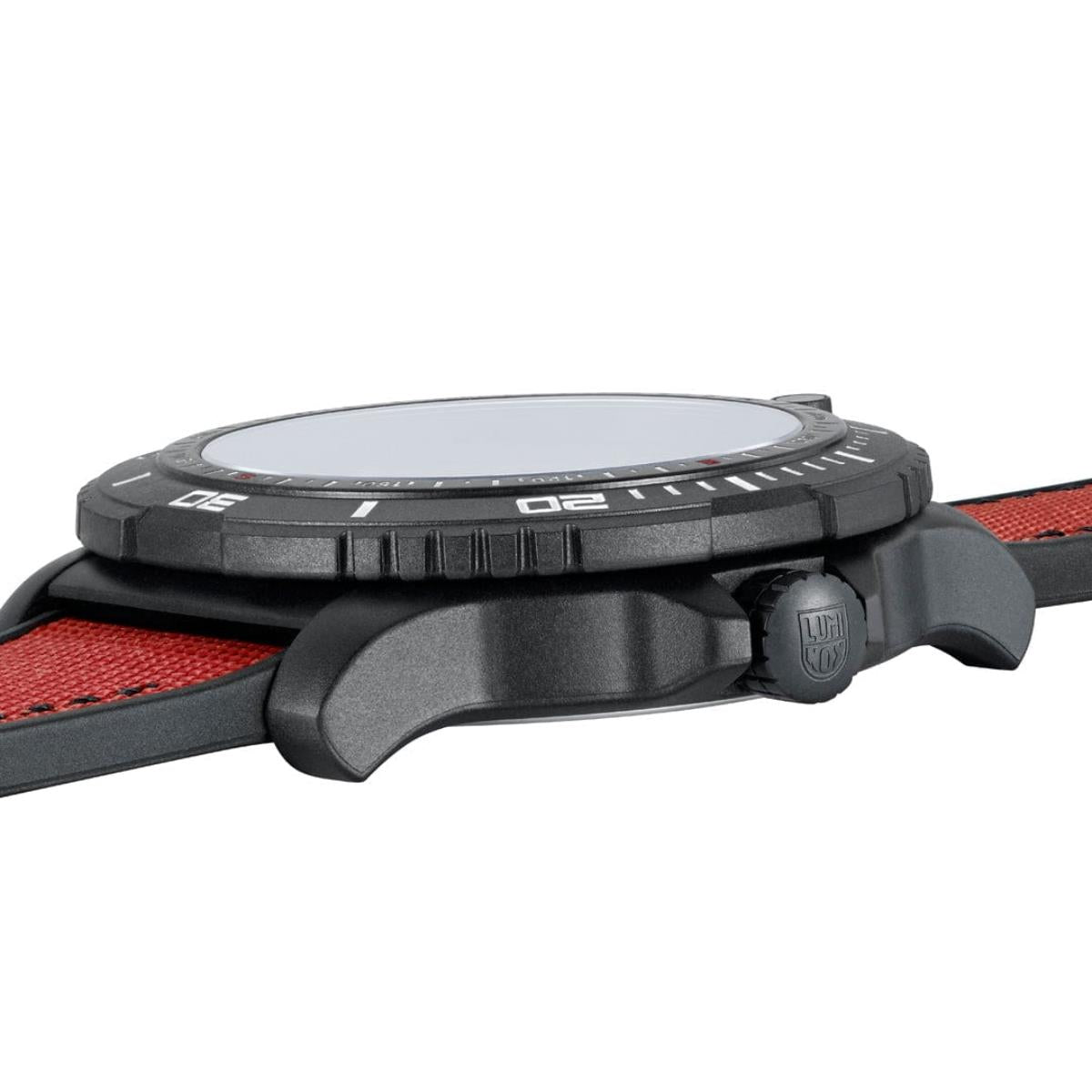 Side profile view of the Luminox ICE-SAR watch, showing the black case, ridged bezel, crown, and red strap