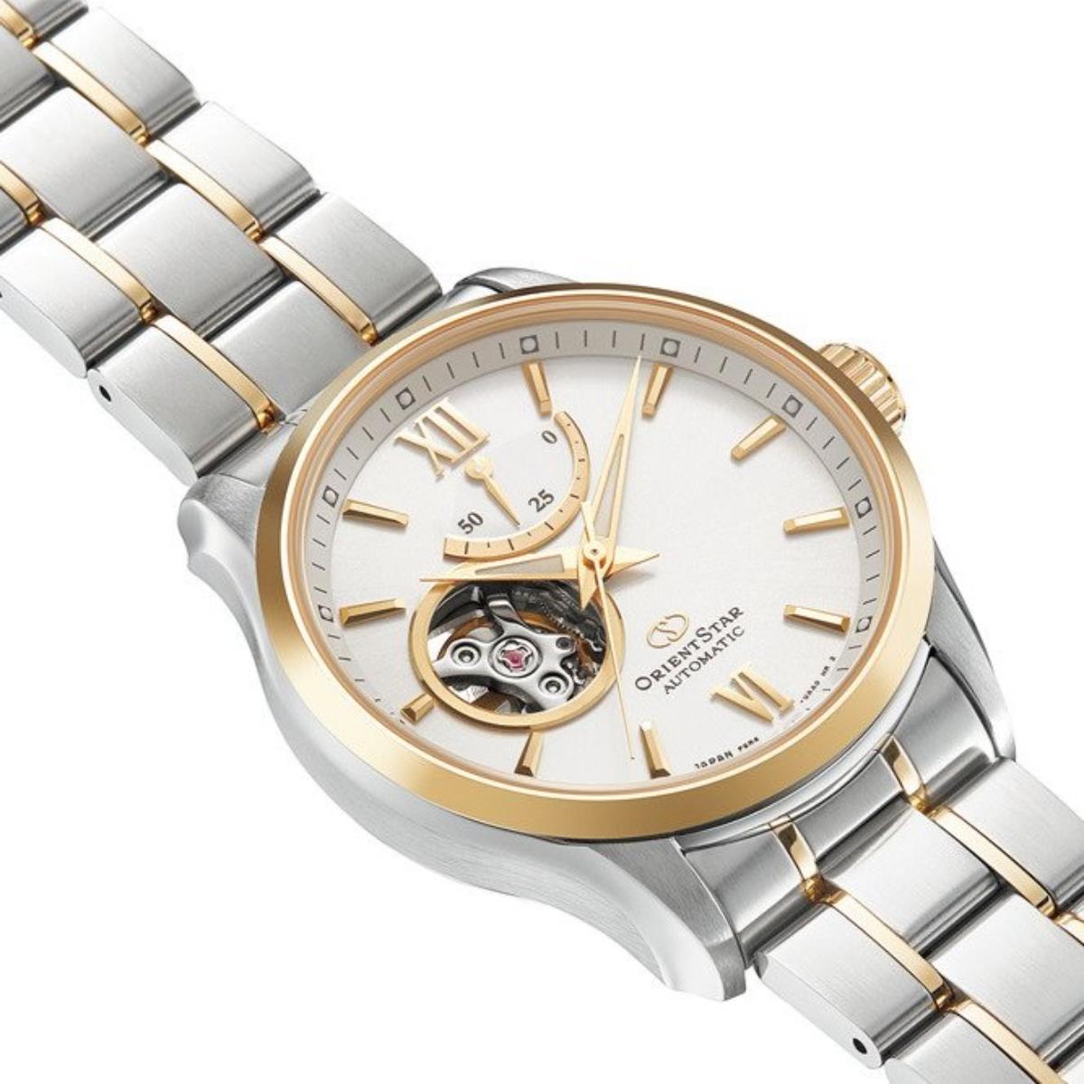 Orient Star automatic watch with white dial, gold accents, steel two-tone bracelet