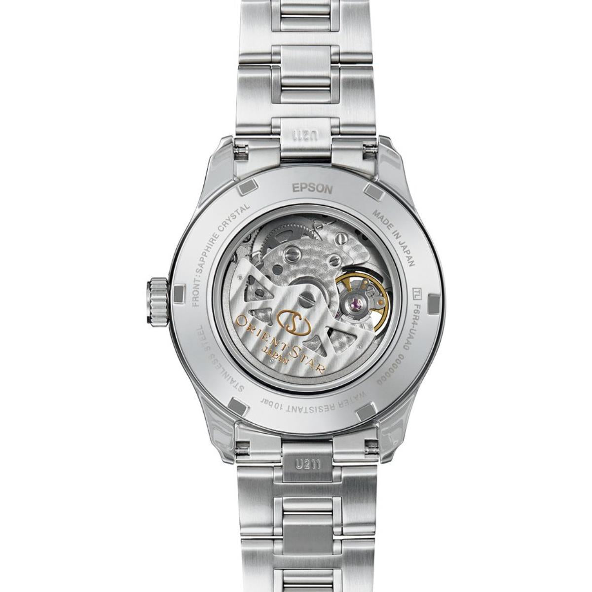 Orient Star watch with see-through case back showing mechanical movement, steel bracelet