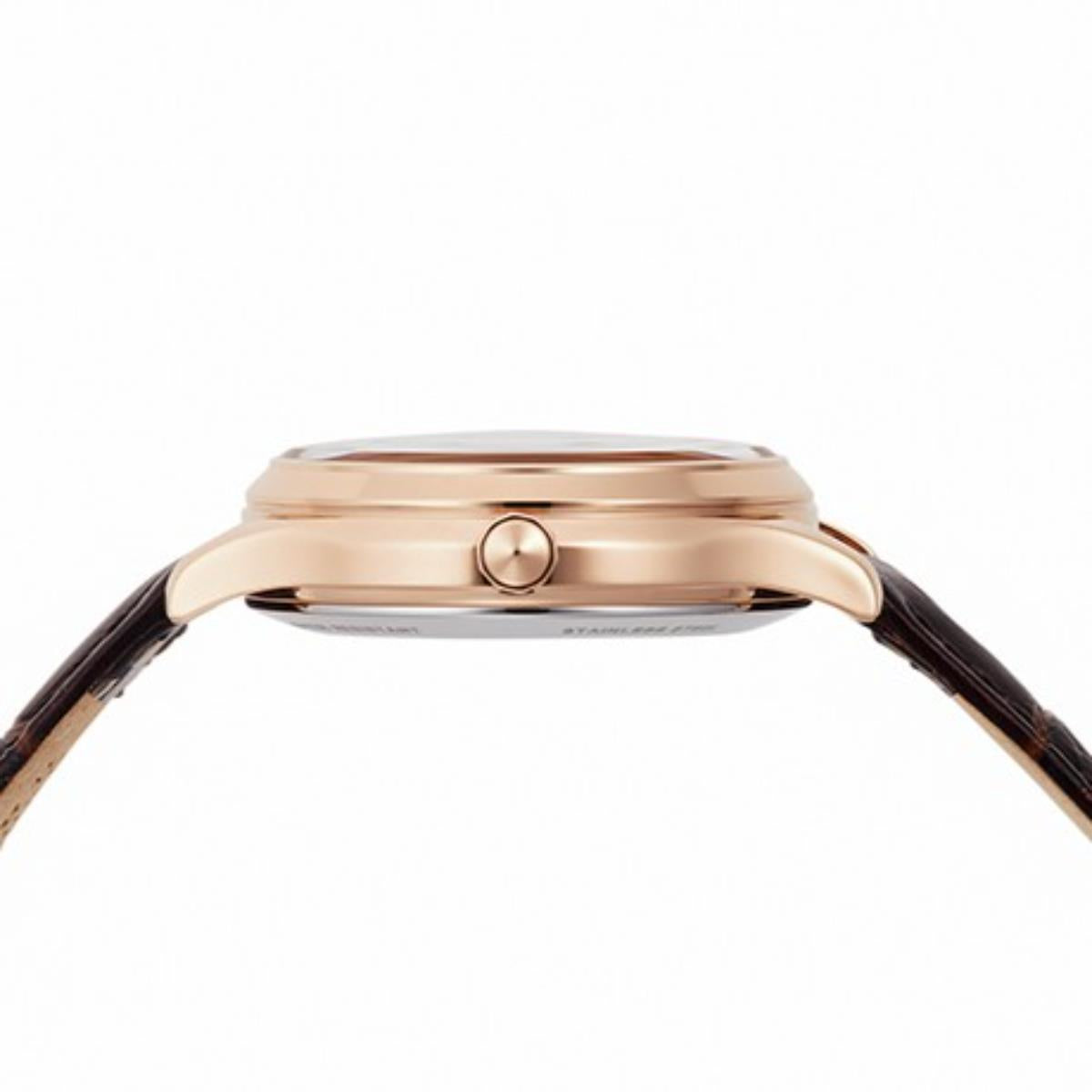 Women’s automatic watch rose-gold case with crown and brown leather strap, side view