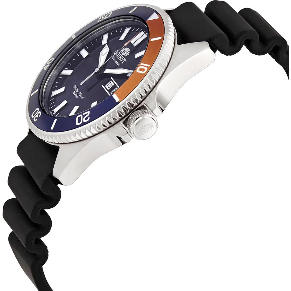Men's automatic watch with blue dial, black silicone strap, and silver case