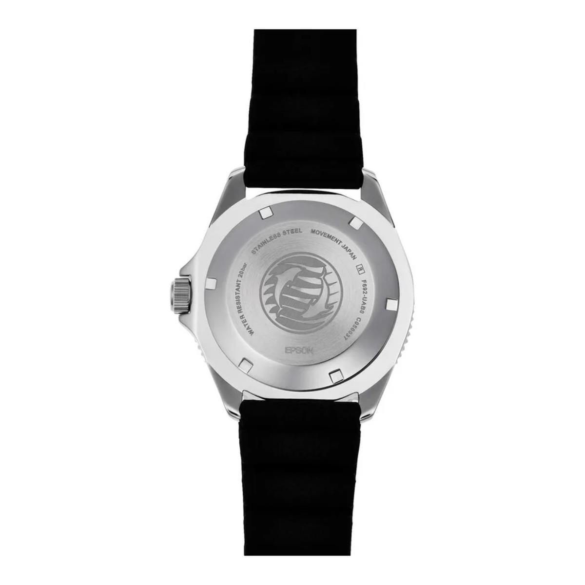 Men's automatic watch with dark blue dial, black silicone band, and silver case