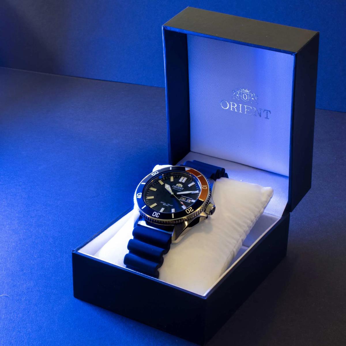 Men's automatic watch with blue dial and black silicone strap in open gift box