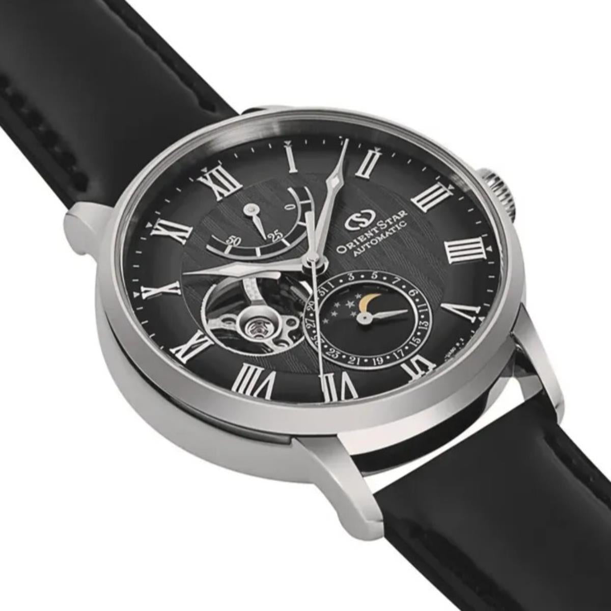 Semi-skeleton men’s automatic watch with black dial, Roman numerals, and moon phase window