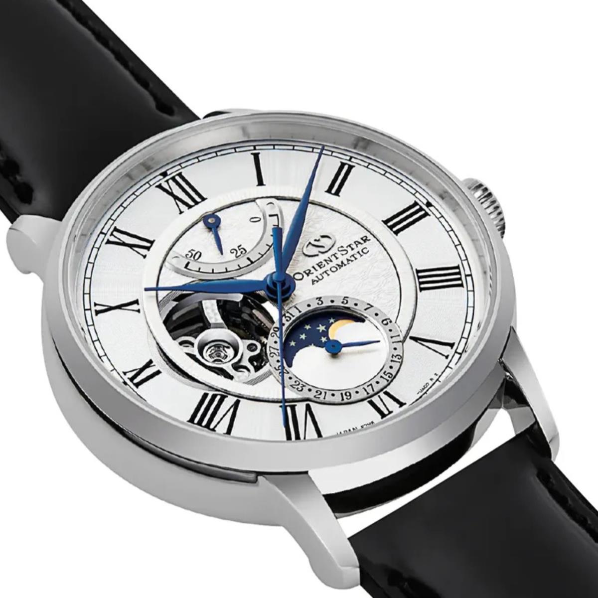 Orient Star semi-skeleton automatic watch, white dial with blue accents and black leather strap