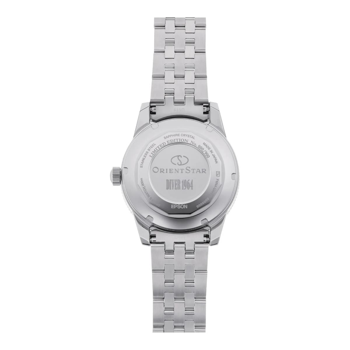 Silver steel diver watch with metal bracelet, round case back engraving, screw crown