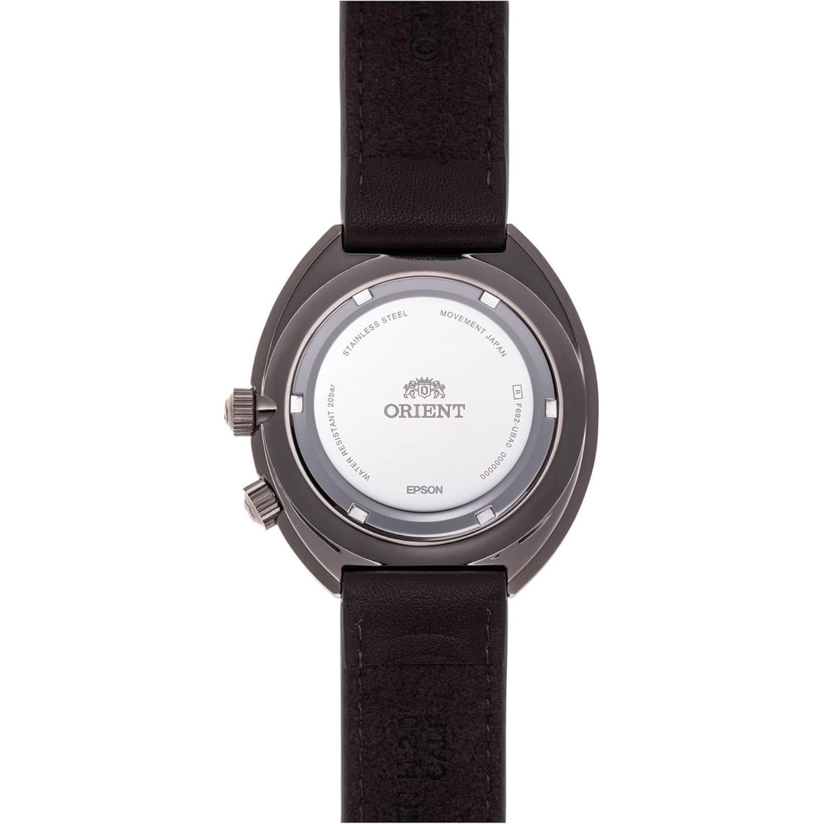 Men's automatic watch with dark leather strap and round light dial, side crowns
