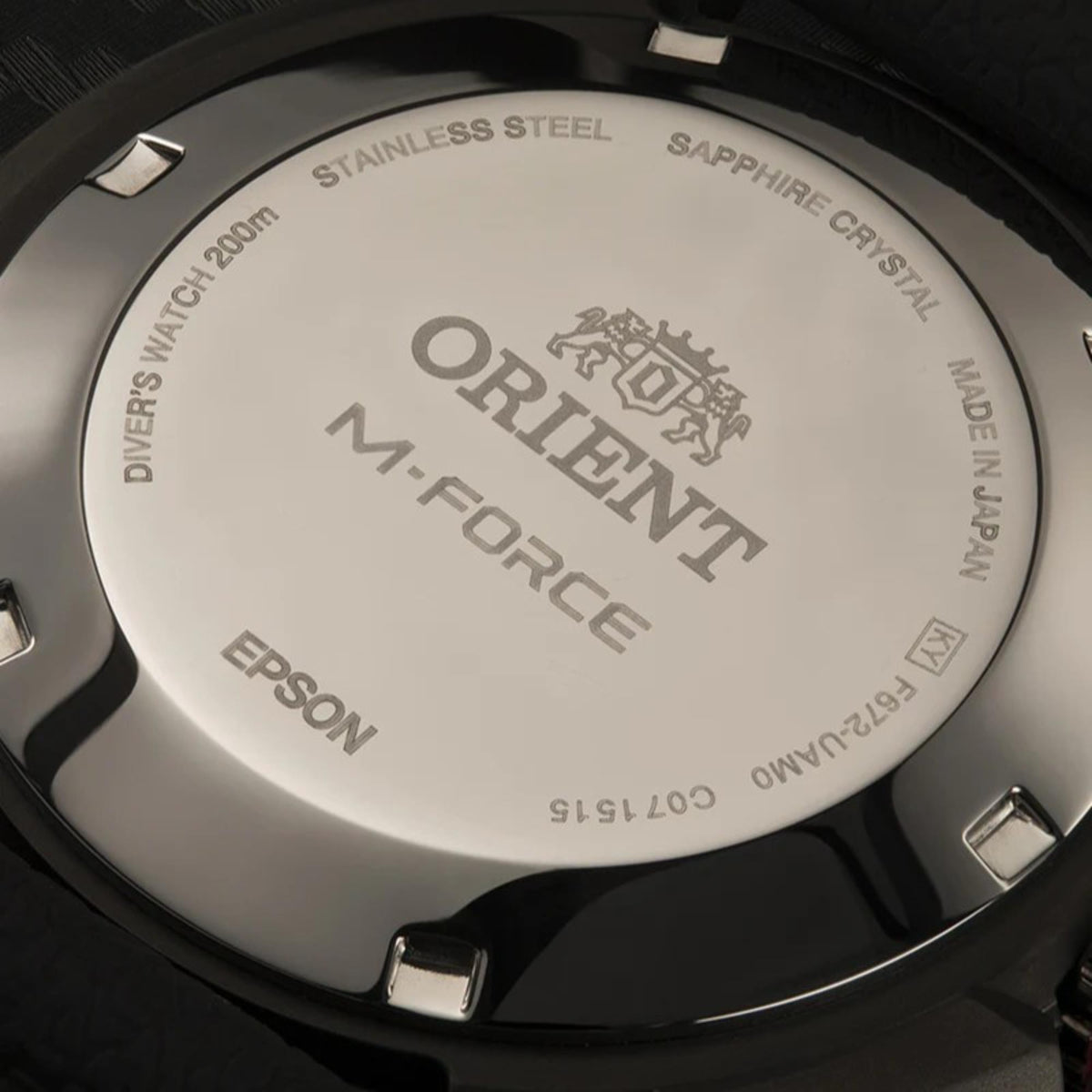 Back of Orient M-Force watch case with stainless steel and sapphire crystal markings