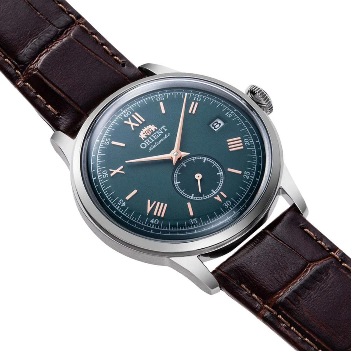 Orient Bambino watch RA-AP0102E30B highlighting the polished silver-tone case and textured brown leather strap 