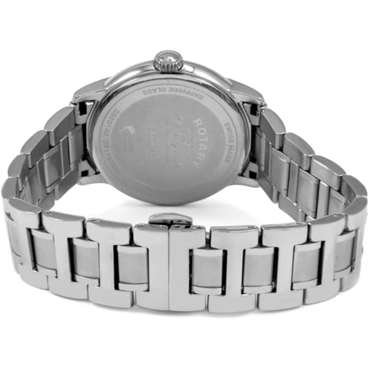 Men's steel watch rear view with engraved case back and metal bracelet strap