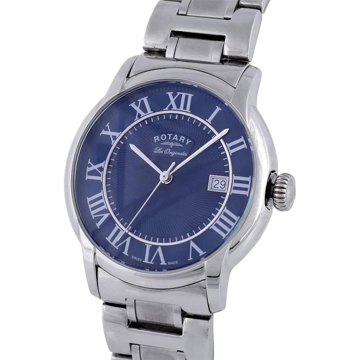 Men's steel watch with blue dial, Roman numerals, date window, and crown