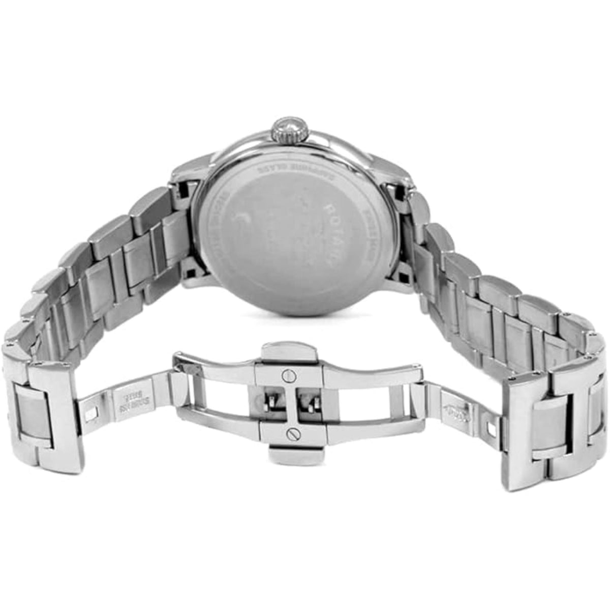Men's steel watch side view with bracelet strap and round silver case back