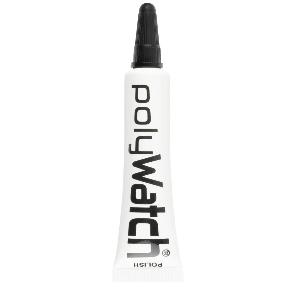 Acrylic plastic scratch remover polish bottle with black nozzle cap, white label.