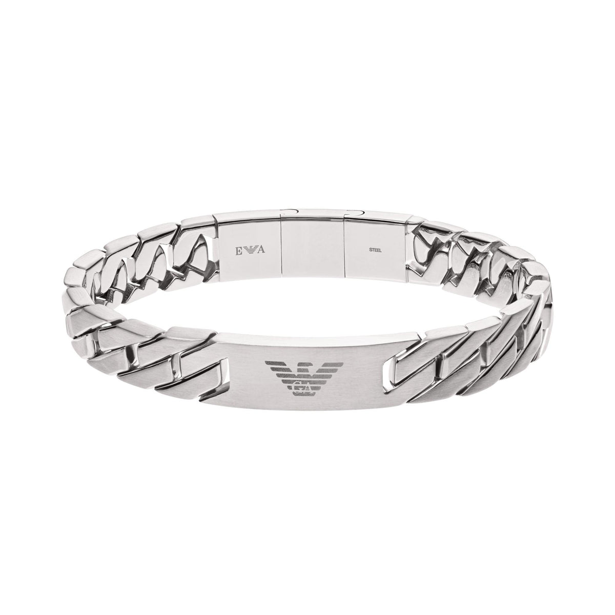Layflat view of Emporio Armani Heritage mens stainless steel chain bracelet EGS2435040 with central eagle logo ID plate