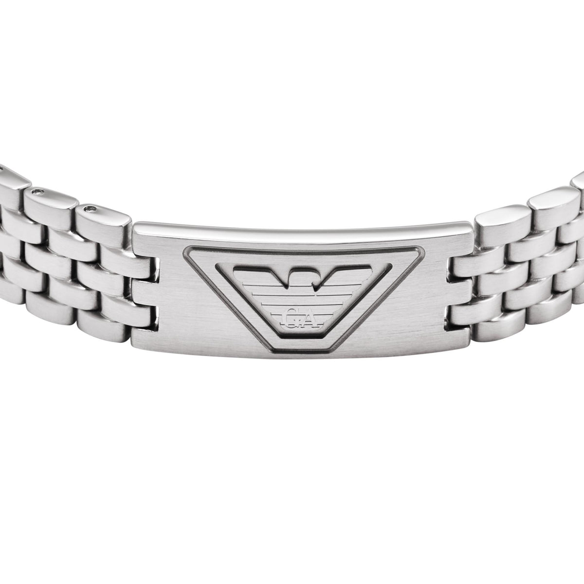 Close-up view of Emporio Armani men's stainless steel ID plaque featuring engraved eagle logo EGS3126040