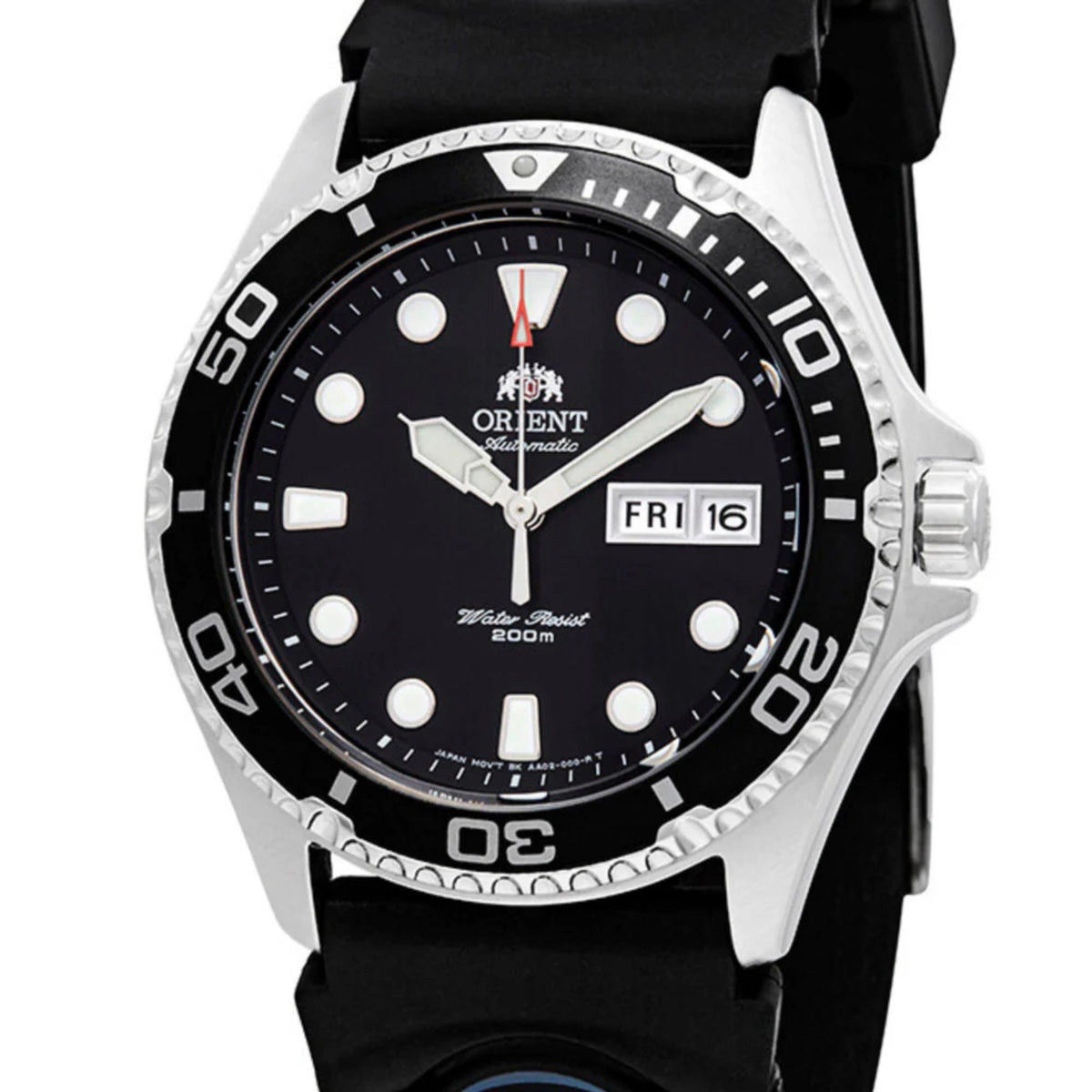 Orient Ray automatic watch close-up: black dial with day-date window and rubber strap