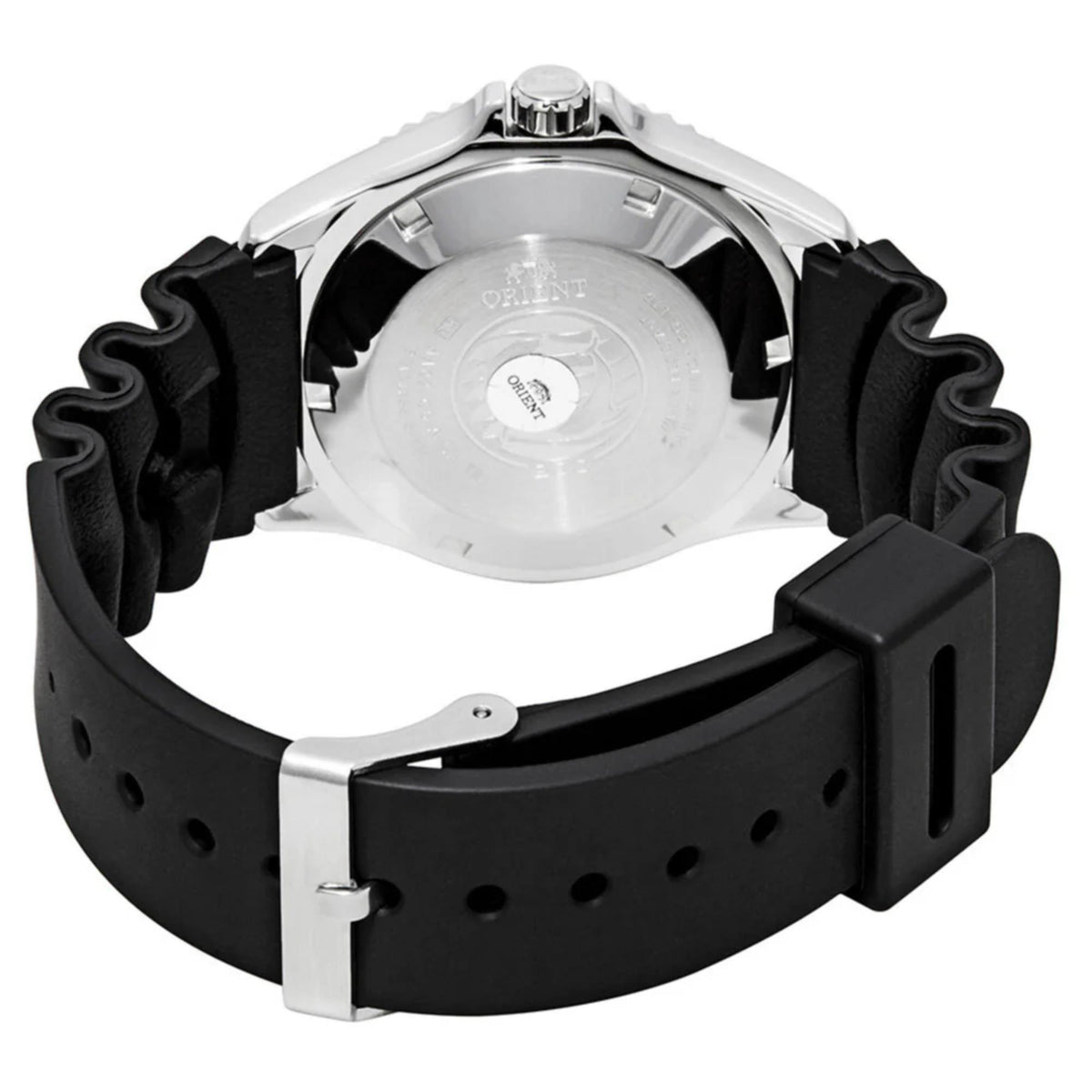 Orient Ray watch caseback view with black rubber strap and stainless back