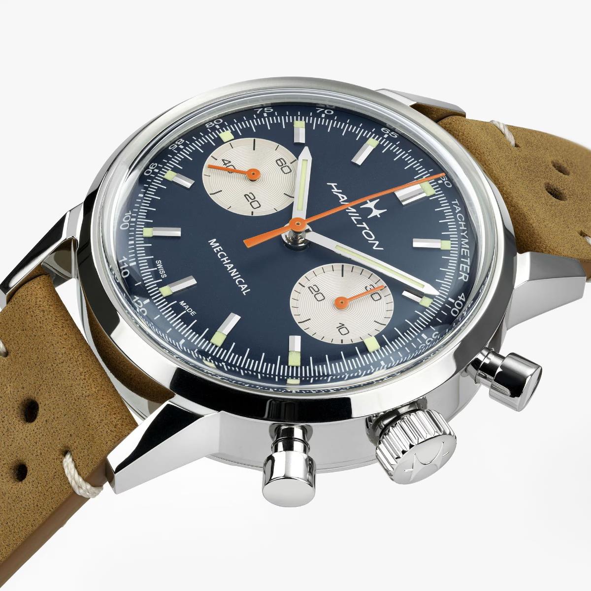 Hamilton Intra-Matic blue chronograph watch with a tan leather strap.