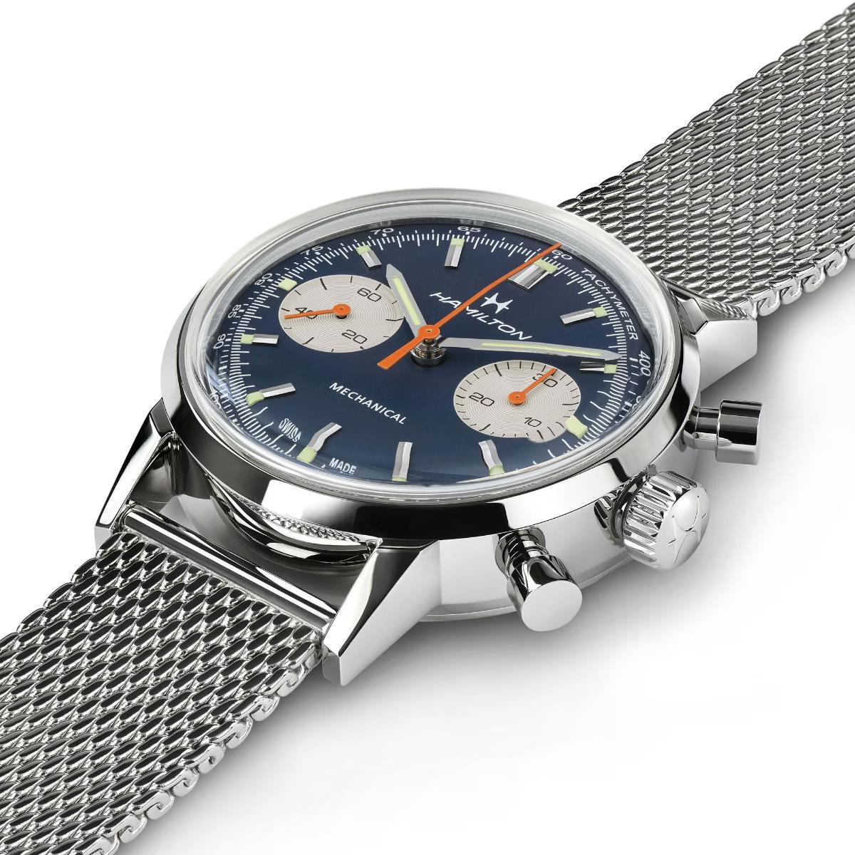 Hamilton American Classic H38429541 polished stainless steel case and pushers side profile 
