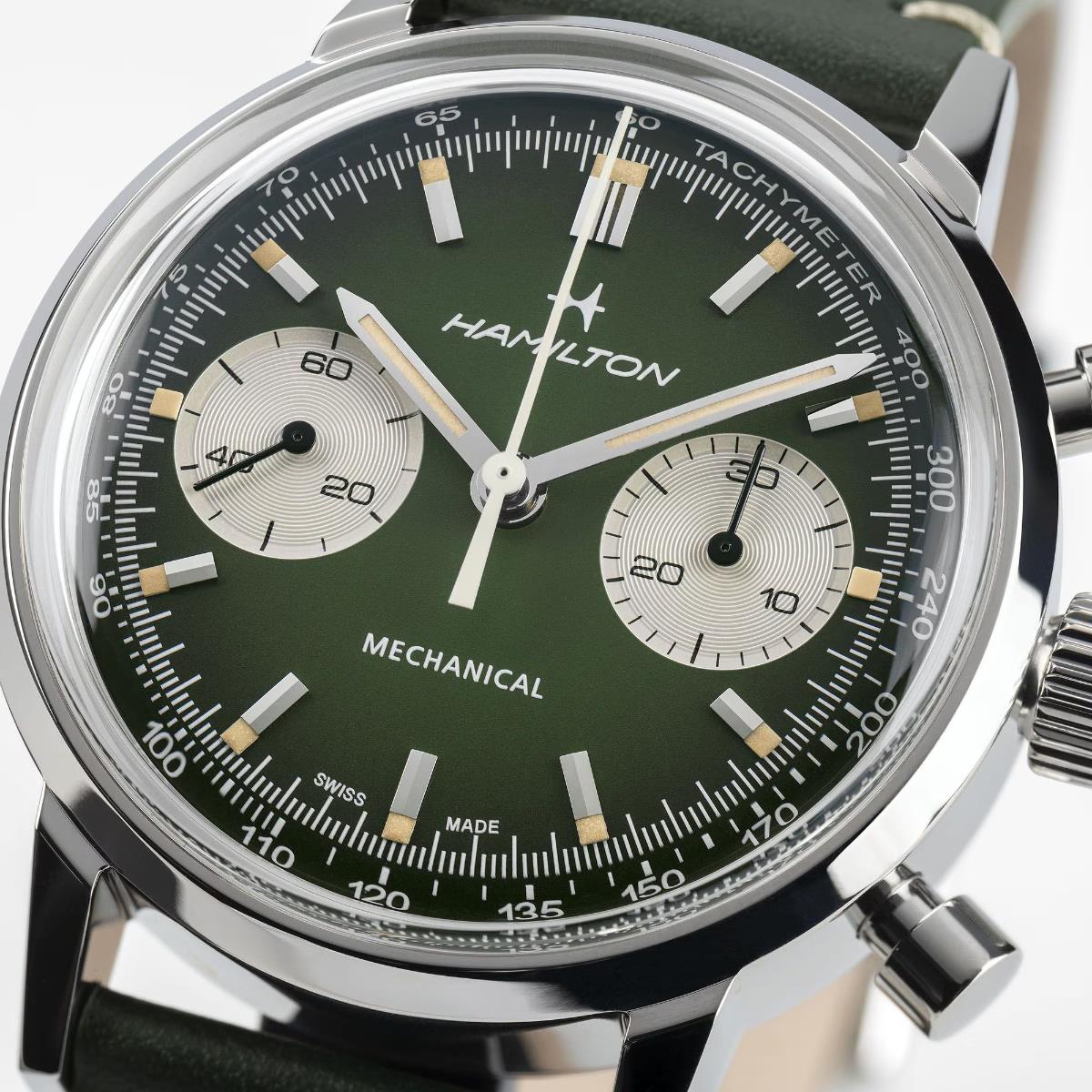  Hamilton H38429861 smoky hunter green dial with tachymeter scale and chronograph sub-dials close-up  