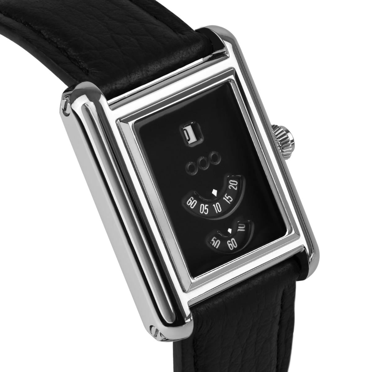 Black leather strap rectangular watch with silver-tone case, crown detail and side elements