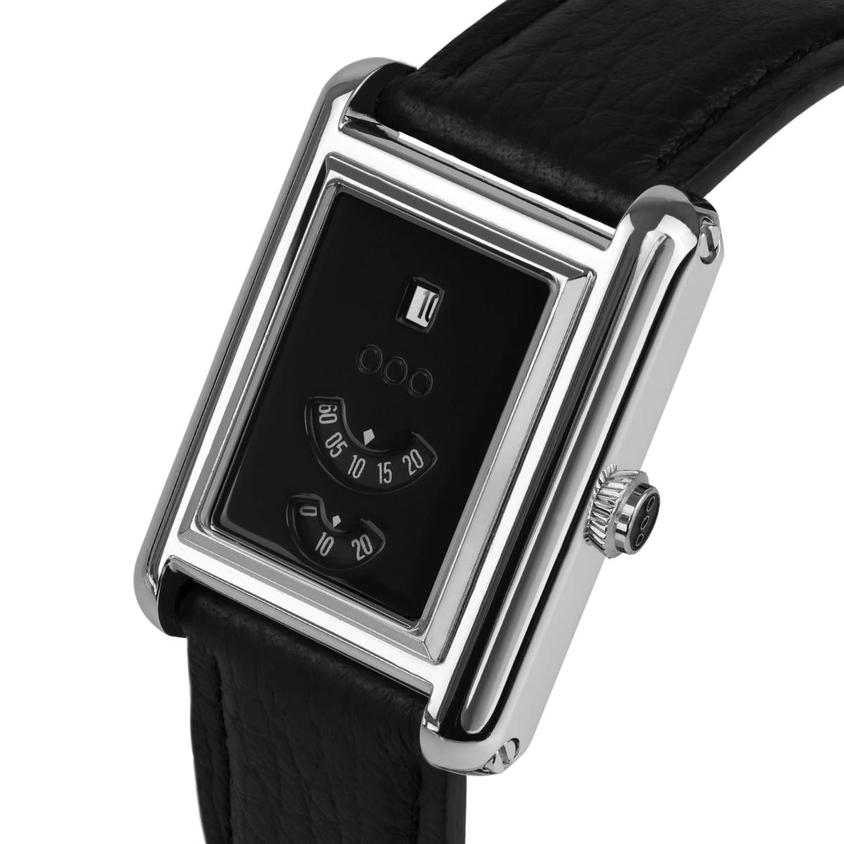 Rectangular automatic watch on black leather strap with black dial and silver-tone case