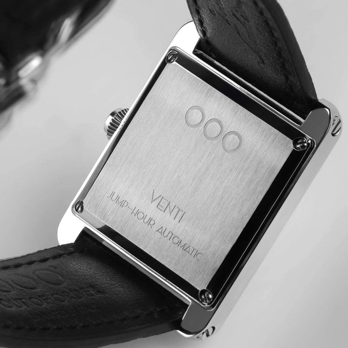 Silver-tone caseback engraved VENTI and JUMPHOUR AUTOMATIC on black leather strap