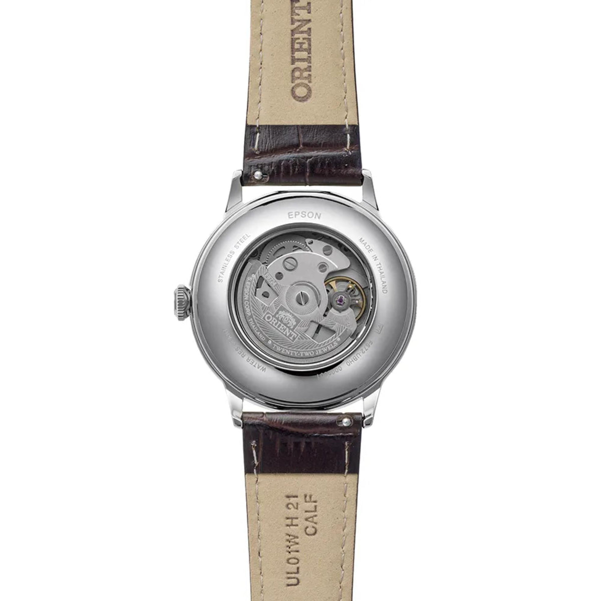Orient Bambino RA-AC0033Y30B brown leather strap detail