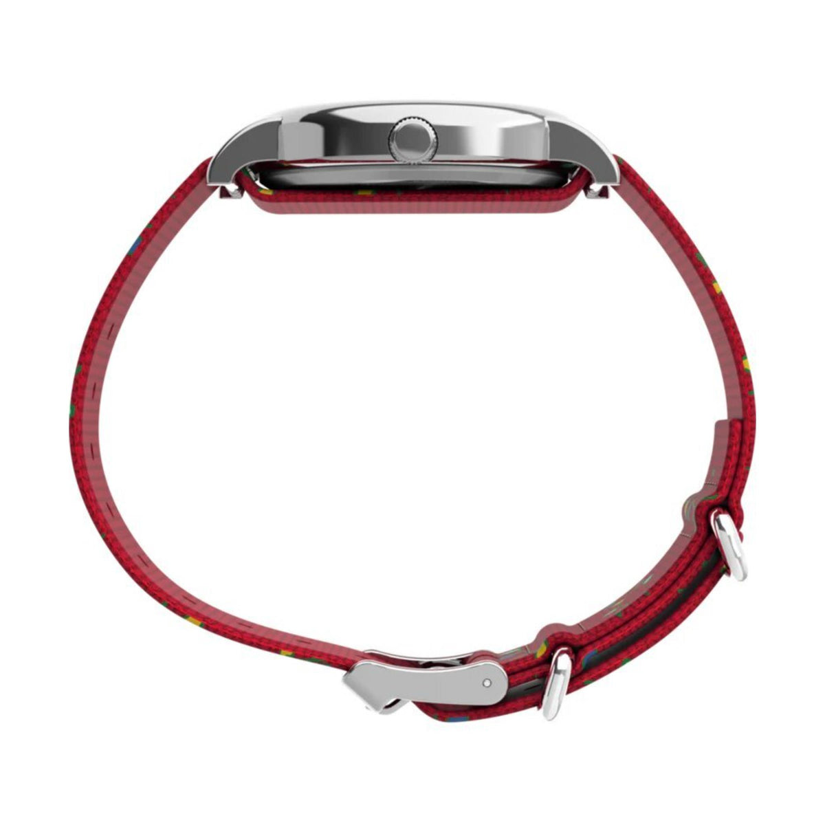 Timex 38mm quartz wristwatch with red patterned fabric strap and metal buckle/clasp
