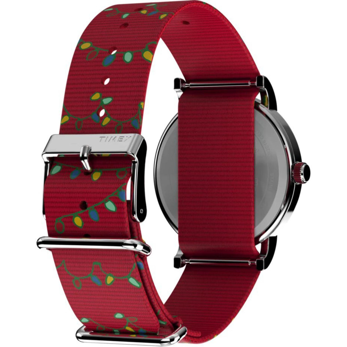 Timex 38mm quartz wristwatch with red patterned fabric strap and silver case side profile