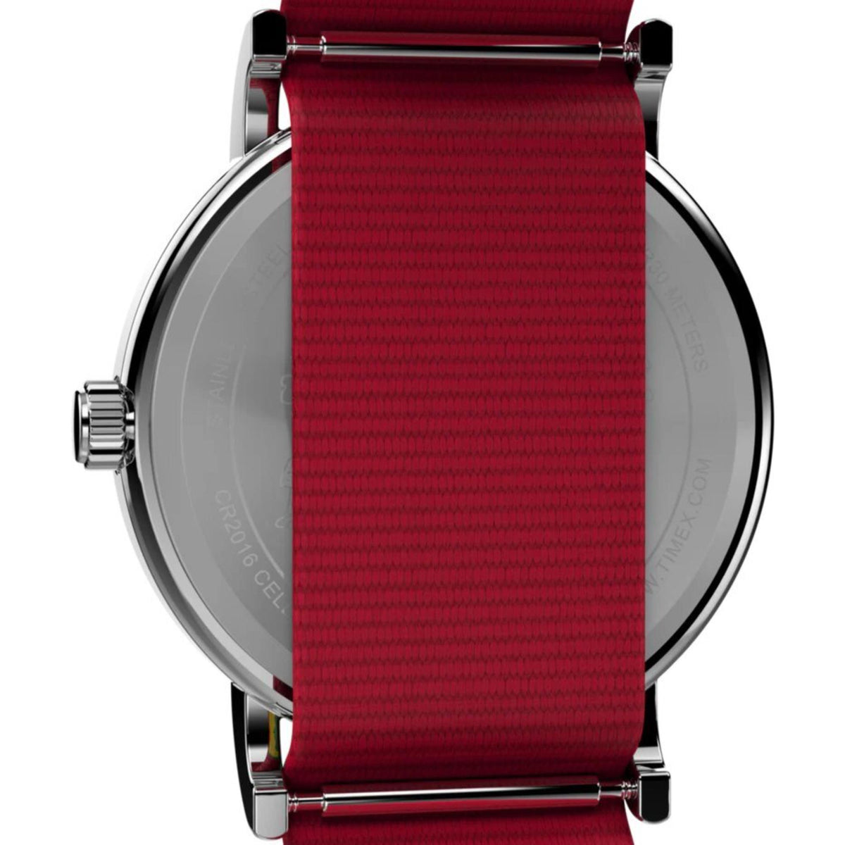 Timex 38mm quartz wristwatch with red patterned fabric strap close-up and silver case