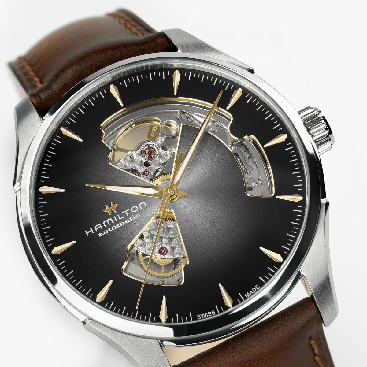 Hamilton H32675581 open-heart aperture revealing H-10 balance  spring close-up 