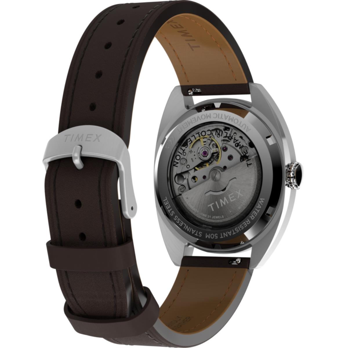 Timex Marlin TW2Y65200 automatic watch case back and brown leather strap angle view
