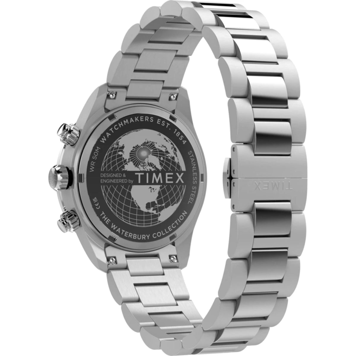 Stainless steel chronograph watch with dark blue dial and linked metal bracelet