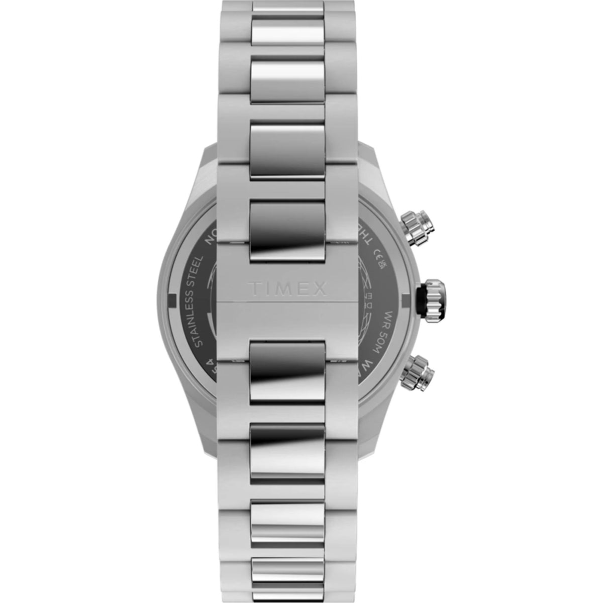 Stainless steel watch bracelet with chronograph case side and pushers