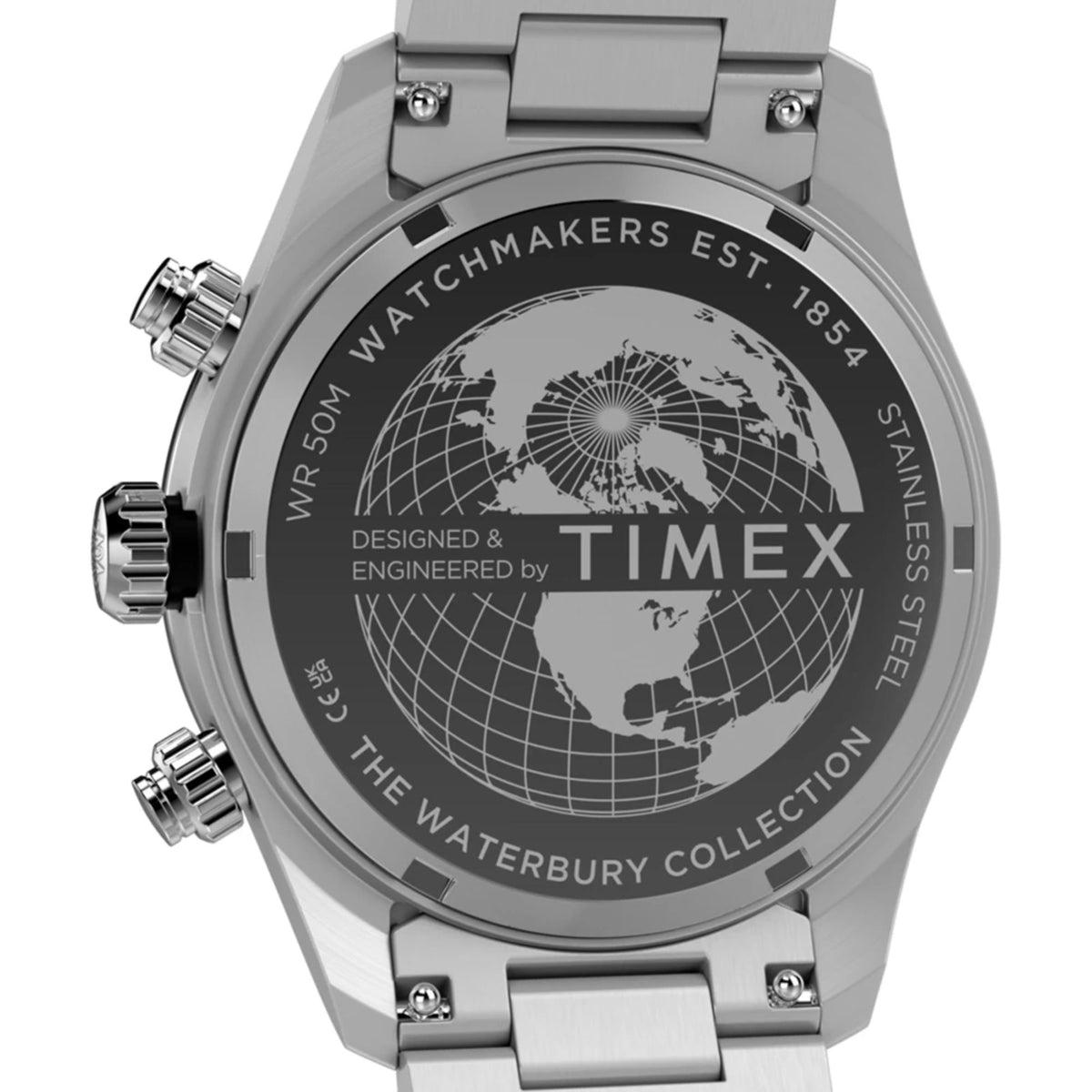 Stainless steel watch case back with globe dial and chronograph markings