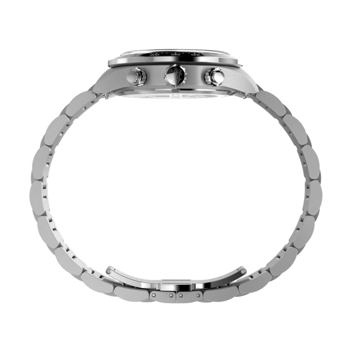 Stainless steel watch band with links and visible case underside