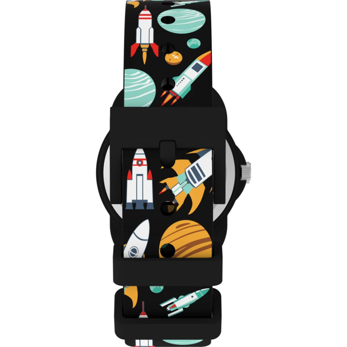 Kids quartz watch with black silicone strap featuring colorful rocket and planet print