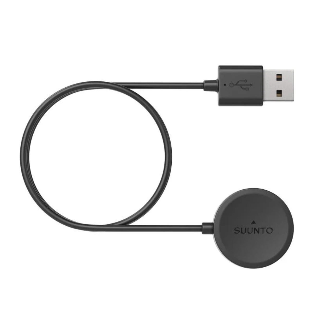 Suunto Magnetic USB Charging Cable SS050839000 top view showing magnetic connector disk with brand logo and coiled cable