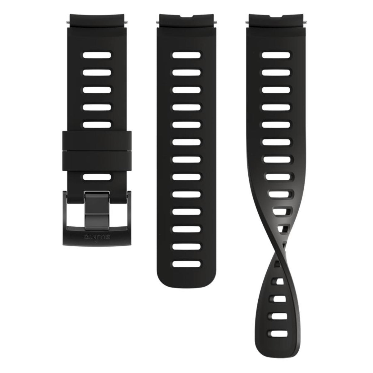 Suunto Dive 1 SS051007000 all black silicone strap front layout and twisted profile featuring vented slots and matching pin buckle