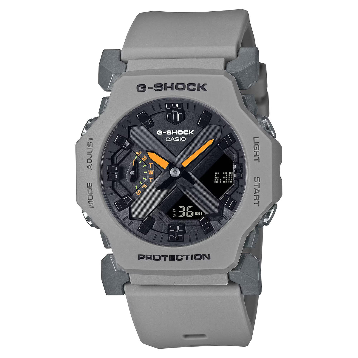 Front view of the Casio G-Shock 2300 Series GA-2300-8AER men's watch showing its grey resin case and digi-analogue display