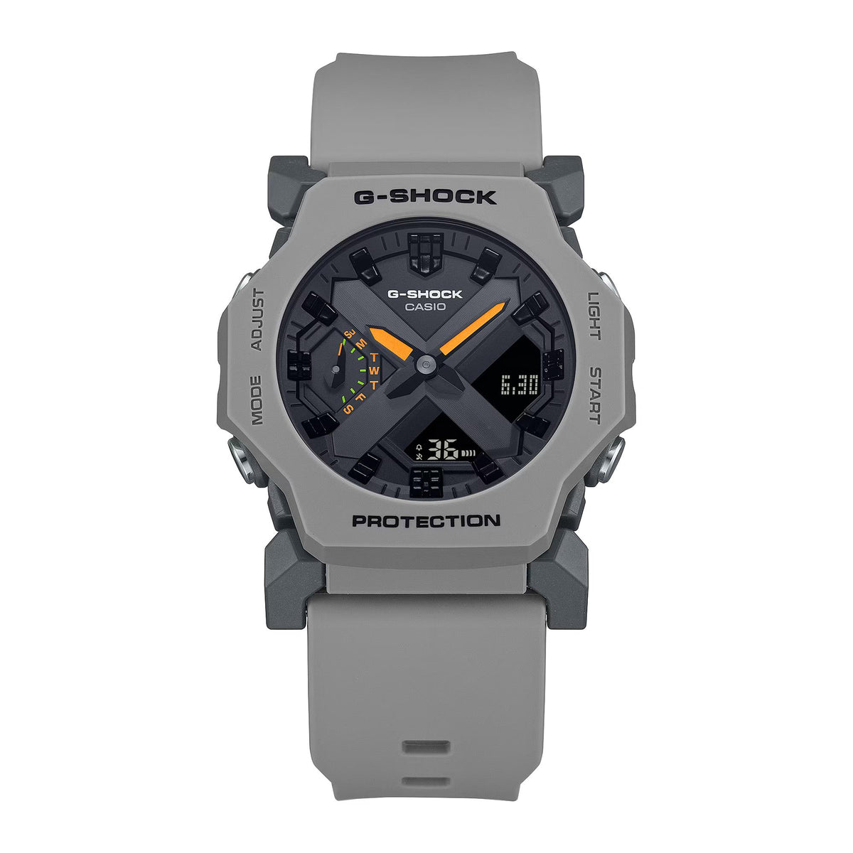Close-up of the grey octagonal bezel and orange hand accents on the Casio G-Shock GA-2300-8AER watch