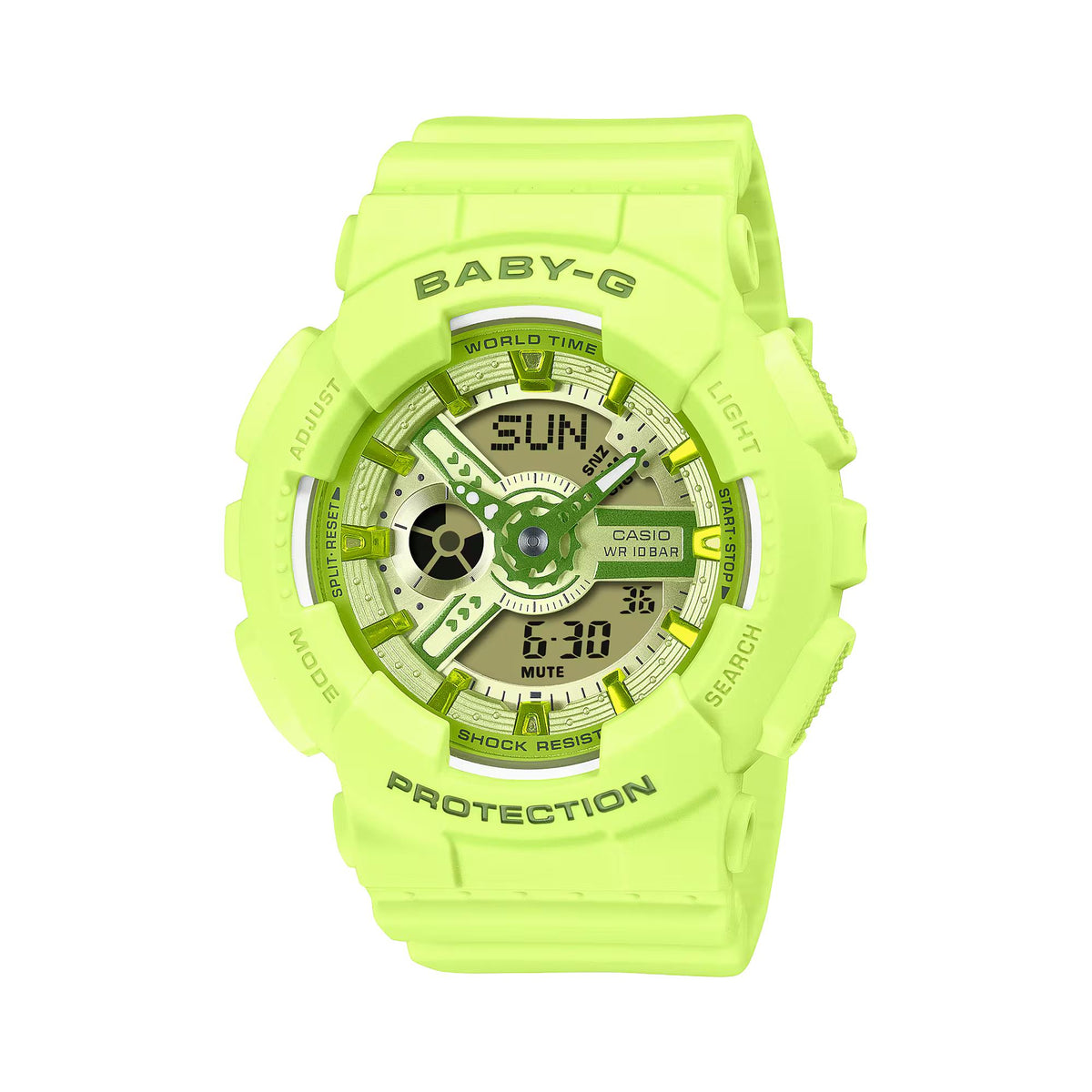 Lime green resin wrist watch with digital time, world-time, and analog subdials