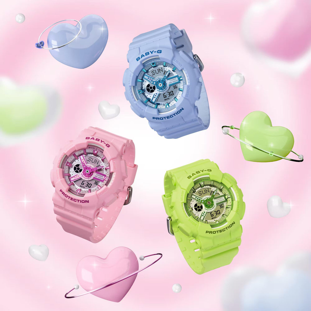 Set of four colorful resin Baby-G watches: blue, pink, green, and light green