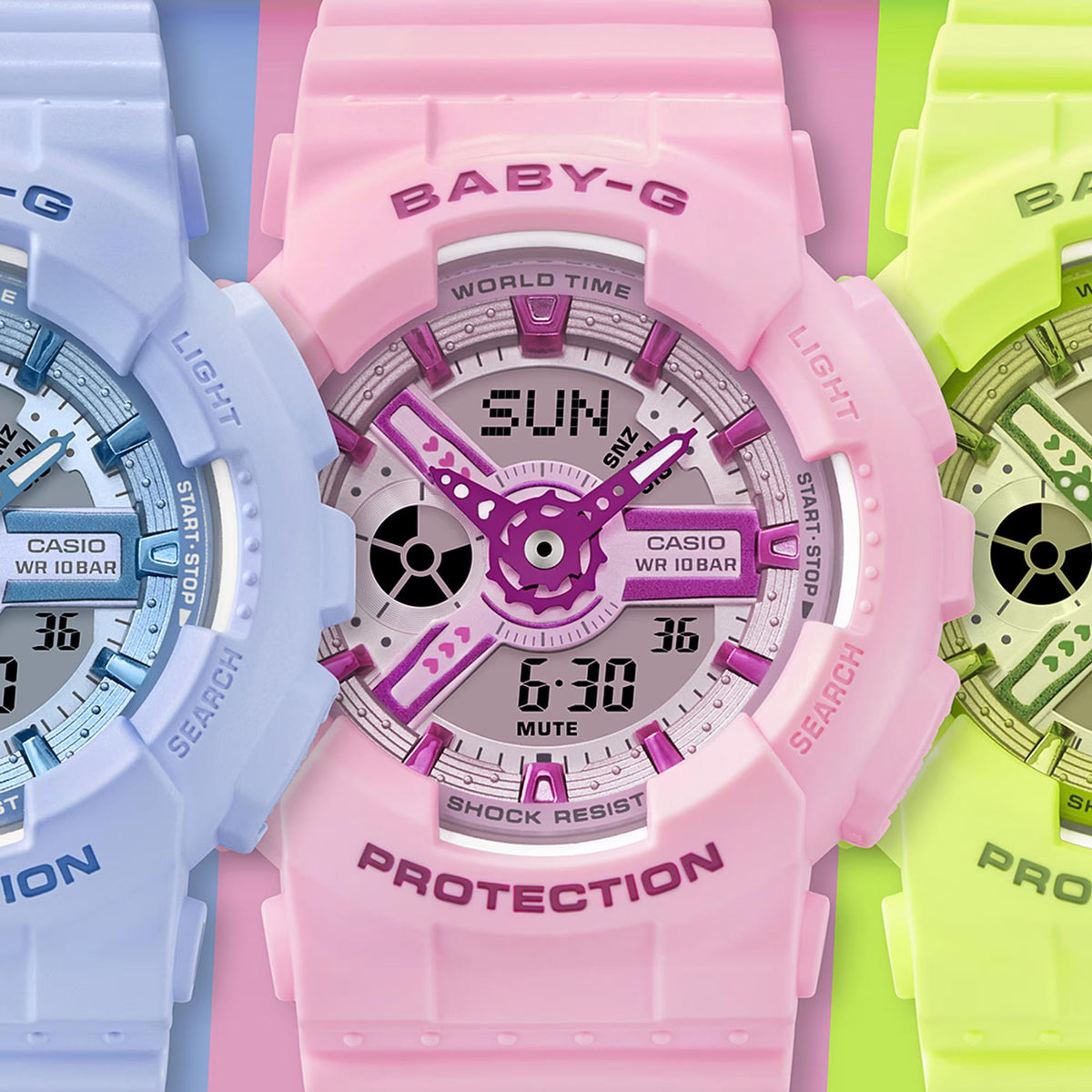 Pink resin wrist watch with World Time dial and black digital hands