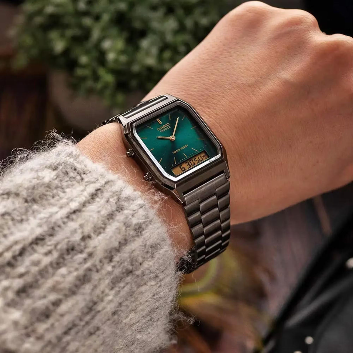 Casio Vintage AQ-230EGG-3AEF close-up lifestyle view of watch worn on wrist