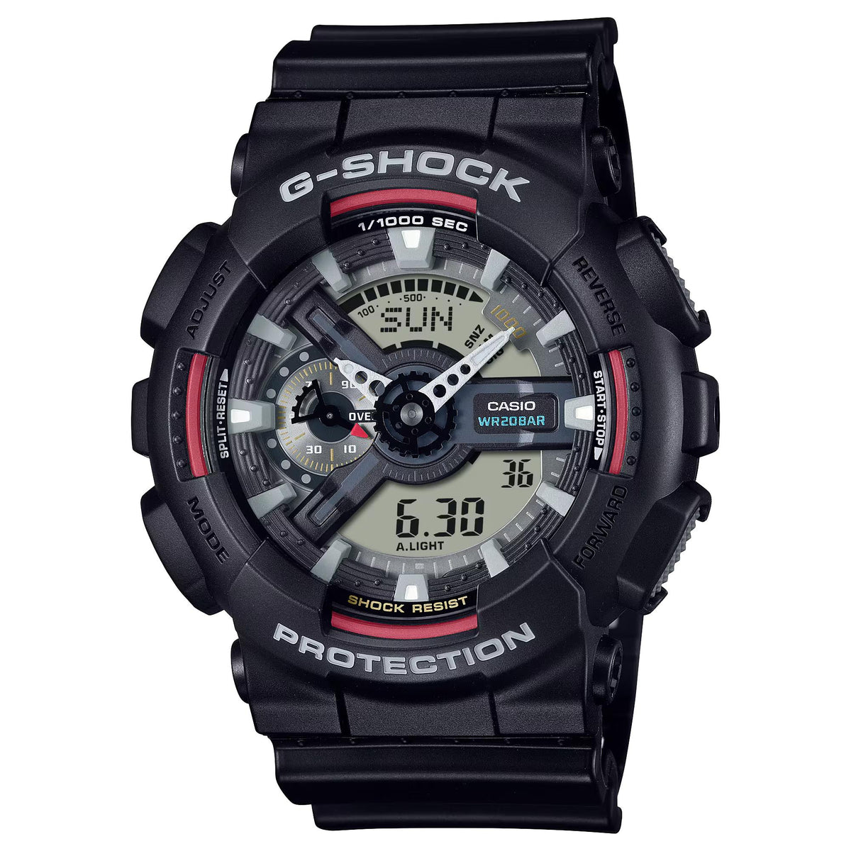 G-Shock GA-110 style digital-analog sport watch, black resin strap and red accents