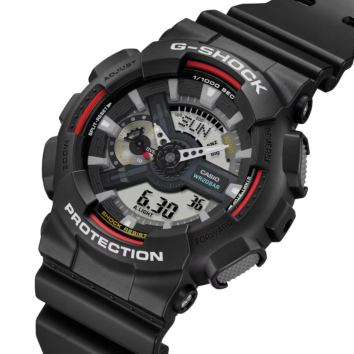 G-Shock digital-analog watch front view, black case with red side accents and A.LIGHT